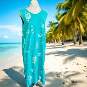 Exist Sport Line Coastal Aqua Fish Seashell Sleeveless Shift Dress Size Large